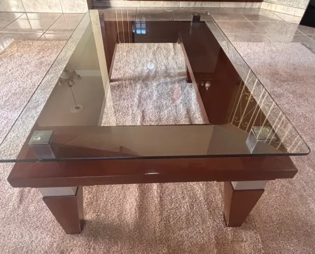 Mesa de centro - 1,0x0,60cm - Madeira maciça e tampo de vidro de 10mm temperado