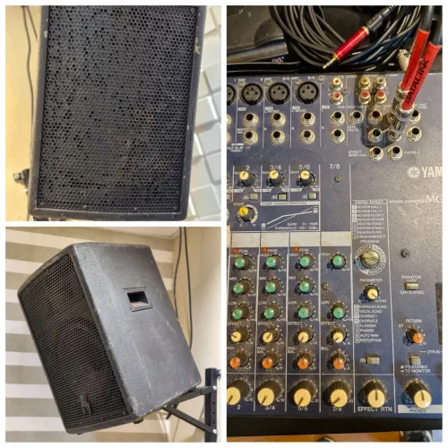 CAIXAS ATIVAS LEACS PULPS 250 + MESA YAMAHA 8 CANAIS
