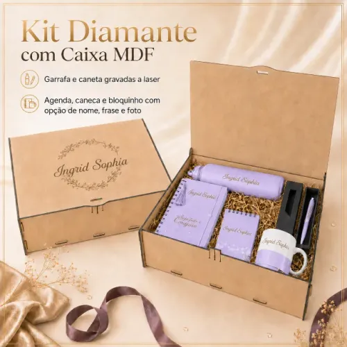 Kit Preente DIAMANTE - Garrafa, Agenda, Bloquinho, Caneca, Caneta e Caixa MDF