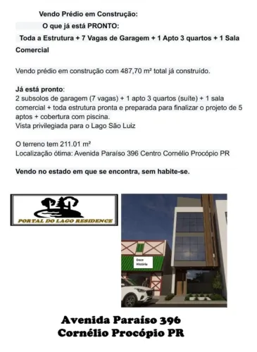 Prédio em Construção Centro Cornélio Procópio PR (5 aptos com suíte, piscina)