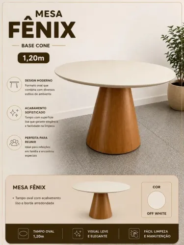 Mesa fênix 1,20m tampo oval base cone madeira