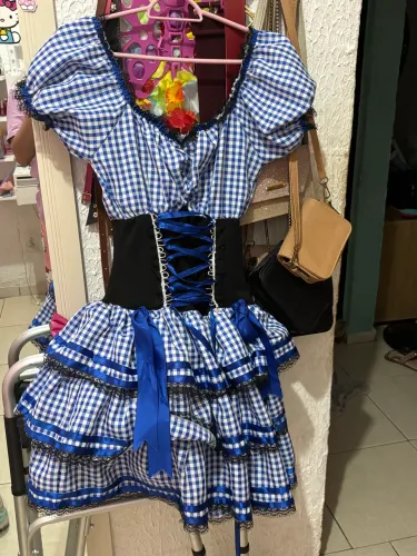 Vestido de Festa Junina Xadrez Azul - Usado Apenas 1 Vez