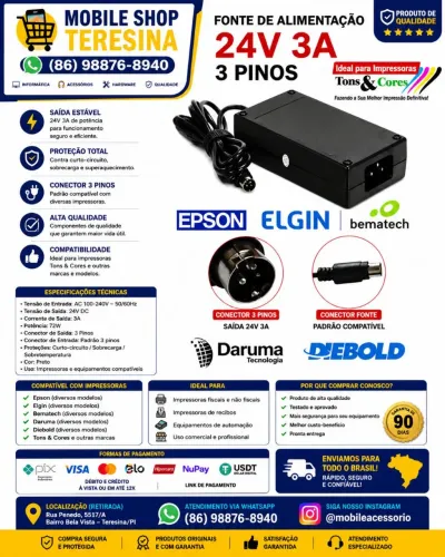 Fonte 24V 3A 3 Pinos para Impressora Epson Elgin Bematech