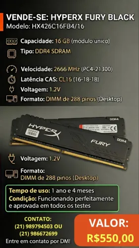 MEMÓRIA RAM KINGSTON HYPERX FURY - (1X) 16 GB - 2666MHZ - DDR4