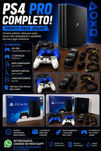 PS4 PRO COMPLETO - 3 CONTROLES + BASE CARREGADORA