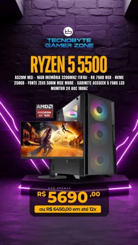 PC Gamer Ryzen 5, 16GB,SSD 256GB, RX 7600, Monitor 24" 180Hz