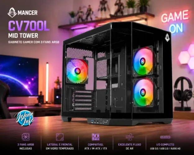 Gabinete Gamer Mancer CV700L Mid Tower 3 Fans ARGB Vidro Preto