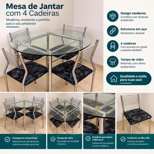 Mesa de Jantar Redonda de Vidro + 4 Cadeiras - Excelente Estado