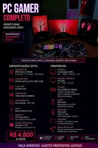 PC Gamer Completo Ryzen 5 5600X + RTX 3060 12GB + 2 Monitores (180Hz). completo ou partes