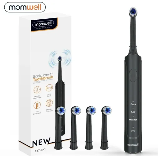 Escova de dentes sônica elétrica recarregável com 3 cabeças de escova - mornwell T37-BK1
