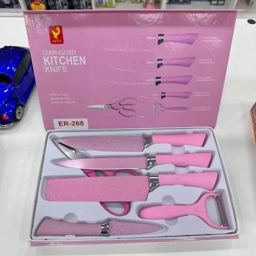 ?Promoção Kit de jogo de Faca Rosa Profissional Cozinha Churrasco 6 P Tesoura Descasdor