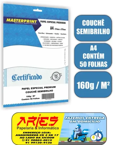 PAPEL BRANCO COUCHÊ SEMIBRILHO MASTERPRINT A4 50 FOLHAS 160G