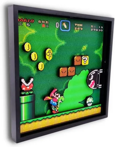 Quadro 3D Super Mario Bros Decoração 21x21cm Diorama Gamer SNES Efeito Tridimensional Novo