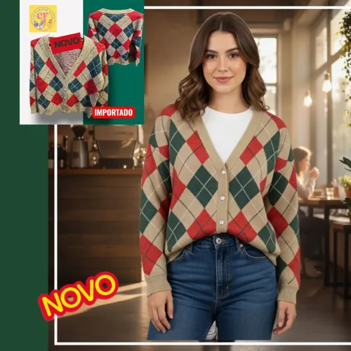 Casaco Cardigan Malha lã Arlequin