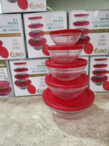Conjunto de Potes Redondos de Vidro com Tampa - EURO Home 5 peças 