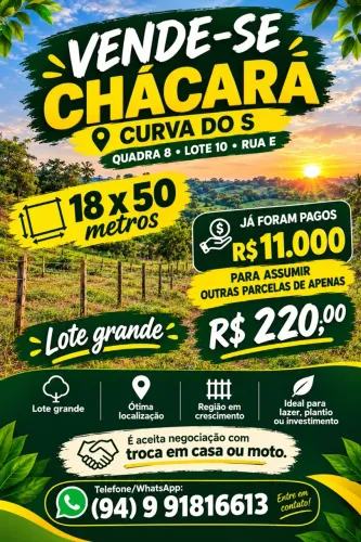 VENDE-SE CHÁCARA OU TROCA CURVA DO S! Localização: Quadra 8, Lote 10, Rua E - Curva do S.
