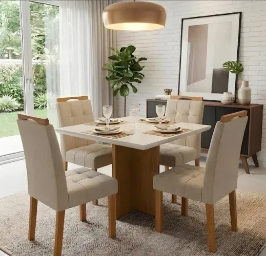 Conjunto de Jantar Compacto 4 Lugares com Vidro Off White e Veludo Bege