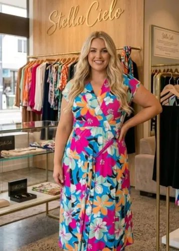 Vestido Midi Stella Cielo Floral Tropical - Decote V e Amarração - Tam GG