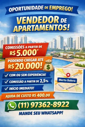 Vagas área de vendas de aptos com ganhos a partir de 8.000 c/ou sem experiência.