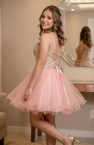 Vestido Curto Rosa com Tule e Bordado - Festa / Debutante / Formatura