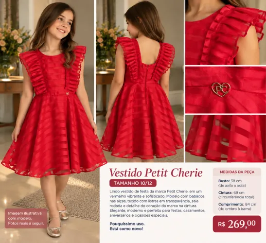 Vestido de Festa Petit Cherie Vermelho - Tam. 10/12 - Lindo e Impecável