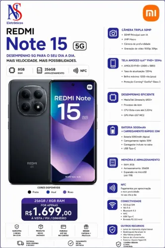 Redmi Note 15 5G 8/256GB NFC Global Roxo Preto Azul Tela AMOLED 120Hz - Xiaomi