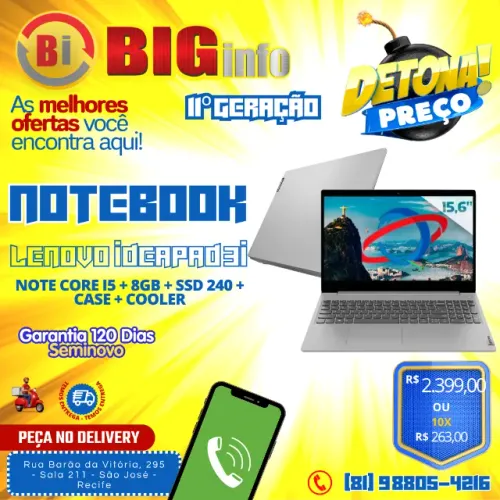 Notebook Lenovo Ideapad 3i I51135g7 8gb 256gb Ssd Intel Iris® Xe W11 15.6 Fhd = 10x Fixas