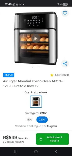 Air Fryer Mondial Forno Oven AFON- 12L-BI Preto e Inox 12L