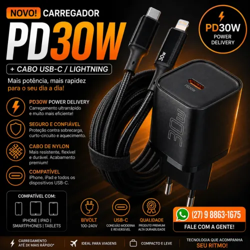 CARREGADOR TURBO PD 30W + CABO USB-C/LIGHTNING