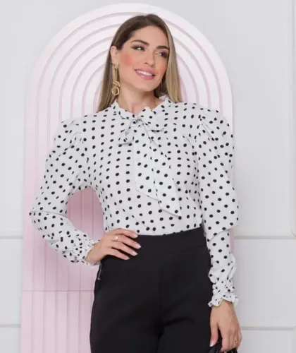 Blusa Romântica Manga Longa Laço Cor Branca Com Bolinha Tamanho M Nova 