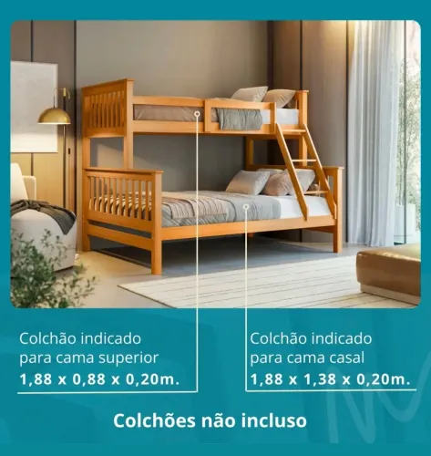 Beliche Com Cama Casal Solteiro Madeira Maciça Grade Escada