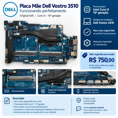 Placa Mãe Dell Vostro 3510 Original - Core i3 10ª Geração - Funcionando