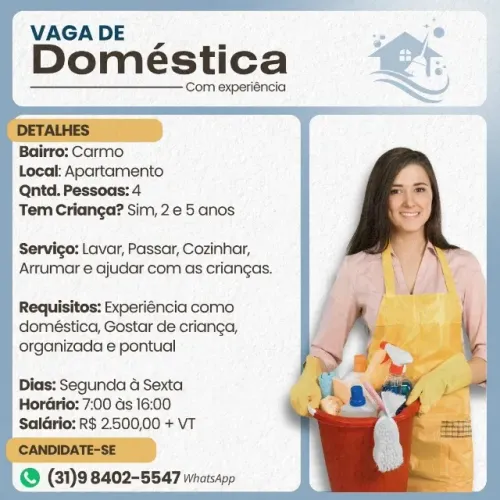 Vaga de Doméstica no Bairro Carmo - Belo Horizonte
