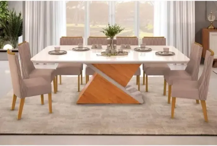 Mesa de Jantar com 8 Cadeiras e Tampo de Vidro