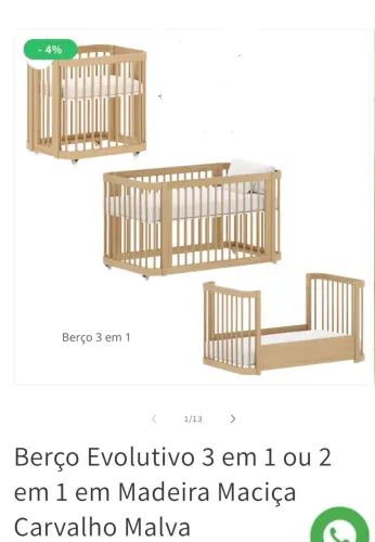 Berço Evolutivo 3 em 1 ou 2 em 1 em Madeira Maciça Carvalho Malva
