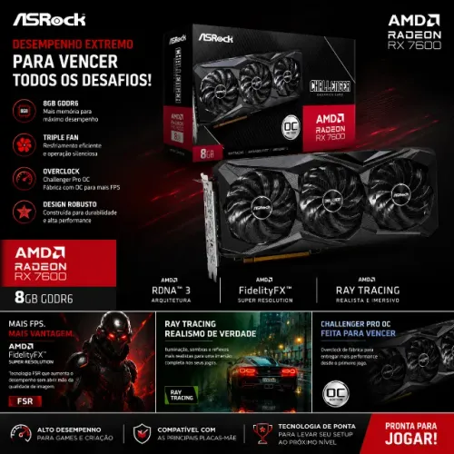 Placa de Vídeo AsRock AMD Radeon RX 7600 8GB, Challenger Pro OC, GDDR6, FSR, Ray Tracing