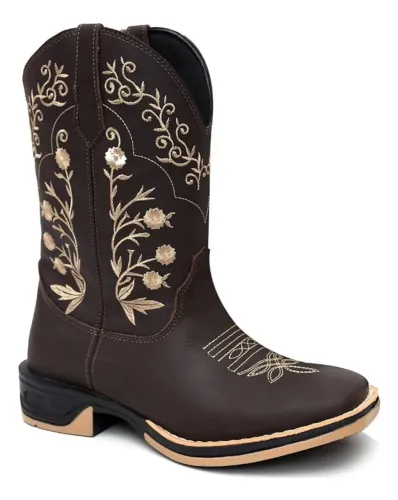 Bota Texana Feminina Bordada Bico Quadrado