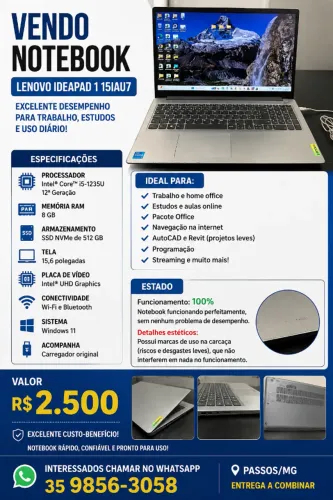 VENDO NOTEBOOK LENOVO IDEAPAD 1 | i5 12ª GERAÇÃO | SSD 512 GB