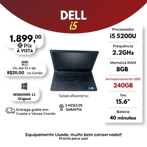 Notebook Dell i5 - 8GB Ram + 240GB SSD - Com Garantia e Parcelado no cartão!!