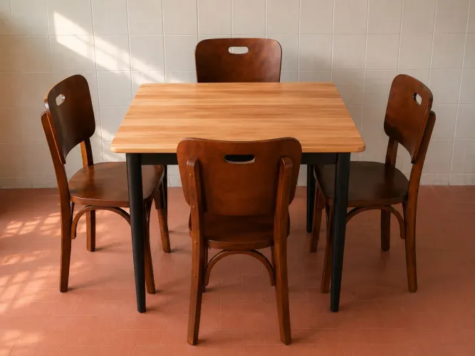 Conjunto Mesa de madeira com 4 cadeiras de madeira