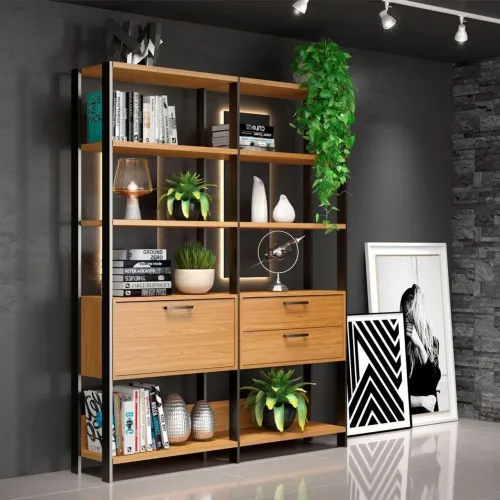 Estante com Prateleiras e Gavetas 100% Mdf - Freijó/Preto Fosco