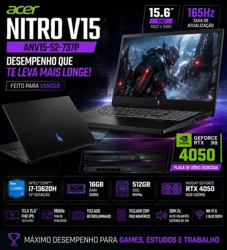 Notebook Gamer Usado Acer Nitro V15 i7 13ª Geração, 16GB, SSD 512GB, RTX 4050