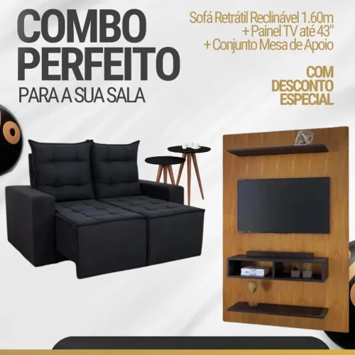 Sofá Retrátil 1.60m Black + Painel TV até 43" Mel/Preto SUPER OFERTA r654