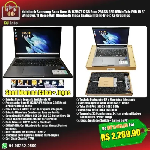 Notebook Samsung Book Core i5 1135G7 12GB Ram 256GB SSD NVMe Tela FHD 15.6''