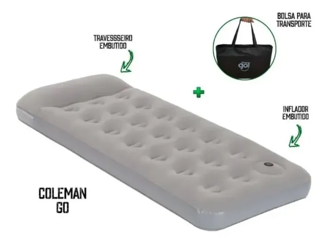 Colchão Inflável Coleman / Solteiro - Inflador Imbutido, travesseiro e bolsa de transporte
