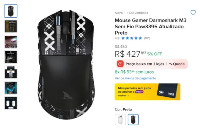 Mouse Gamer Darmoshark M3 Sem Fio Sensor Paw 3395 58g Preto