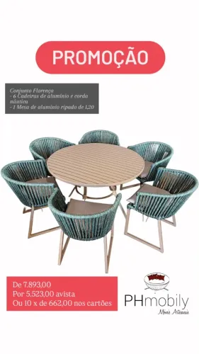 CONJUNTO DE 06 CADEIRAS DE ALUMÍNIO E CORDA NAÚTICA COM MESA DE ALUMÍNIO RIPADO