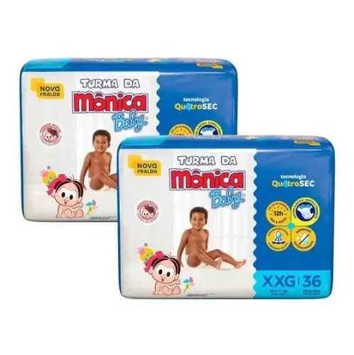 Kit 2 Fraldas Turma da Mônica Baby c/ cintura elástica - XXG 72 Unidades (TOTAL)