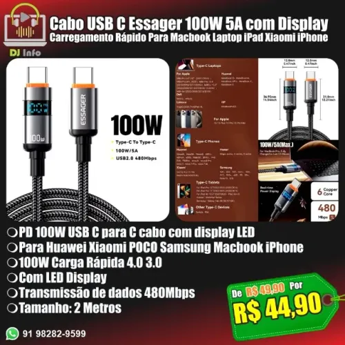 Cabo USB C Essager 100W 5A com Display