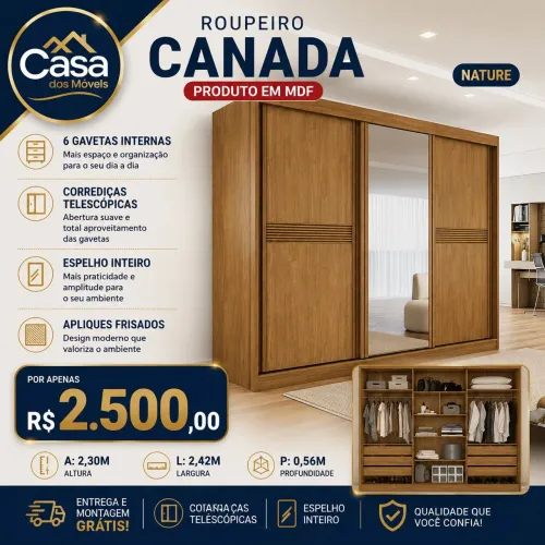 Roupeiro 100% MDF Canadá - Nature 